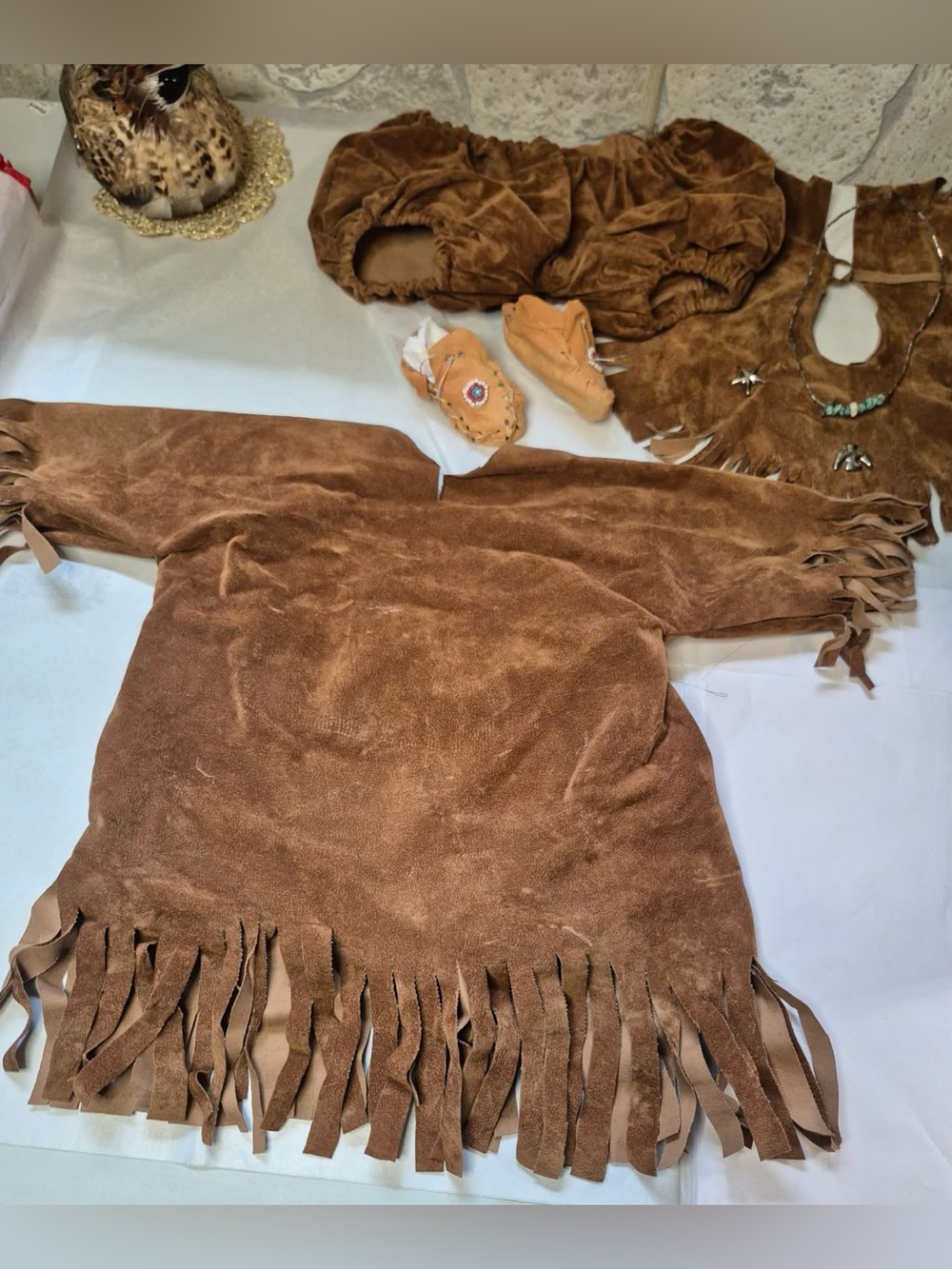 Vintage Native American Baby Fringe Outfit Beaded Moccasins & Turquoise Necklace